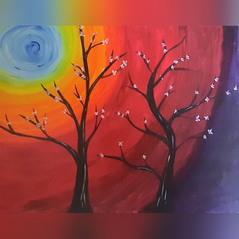 Original Art Painting on Canvas "Trees Glow at Night"